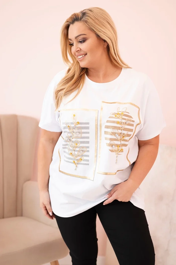 Dámská bavlněná halenka Plus Size s kamínky bílá + camel