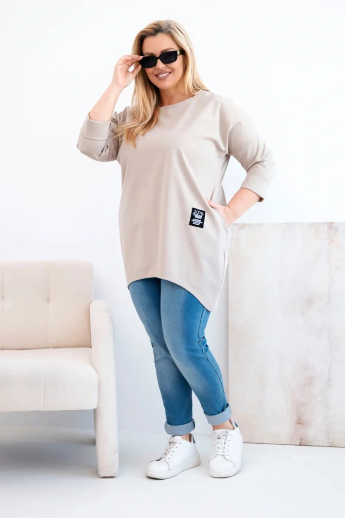 Ladies' Plus Size blouse with a longer back and long sleeves dark beige