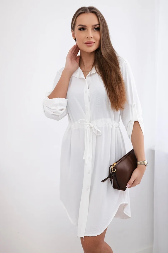 Dress with button closure and tie at the waist ecru