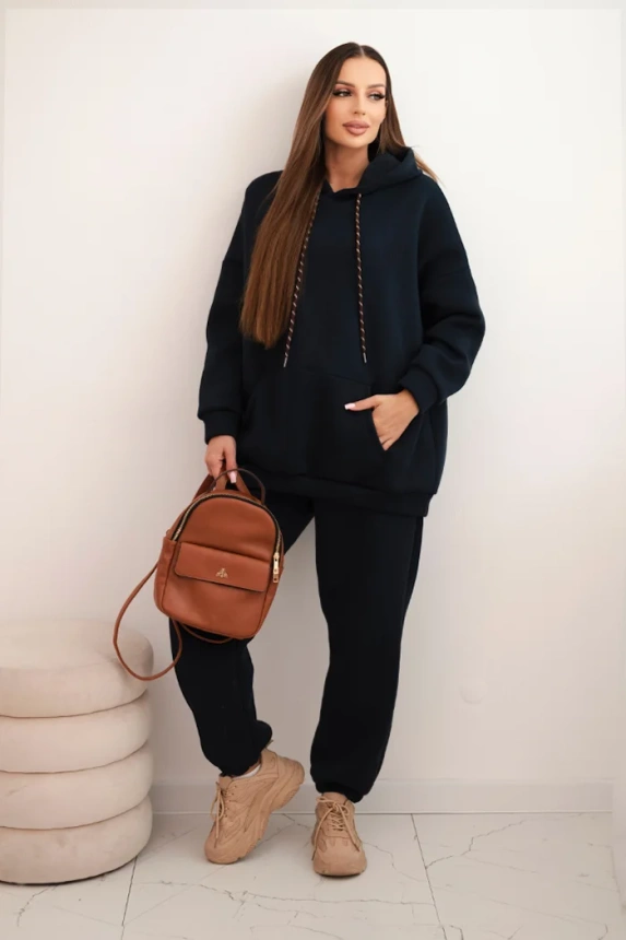 Women's warm cotton tracksuit with a hood navy blue