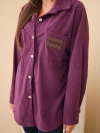 Damencord-Baumwollhemd Oversize mit Taschen und langen Ärmeln dunkelviolett
