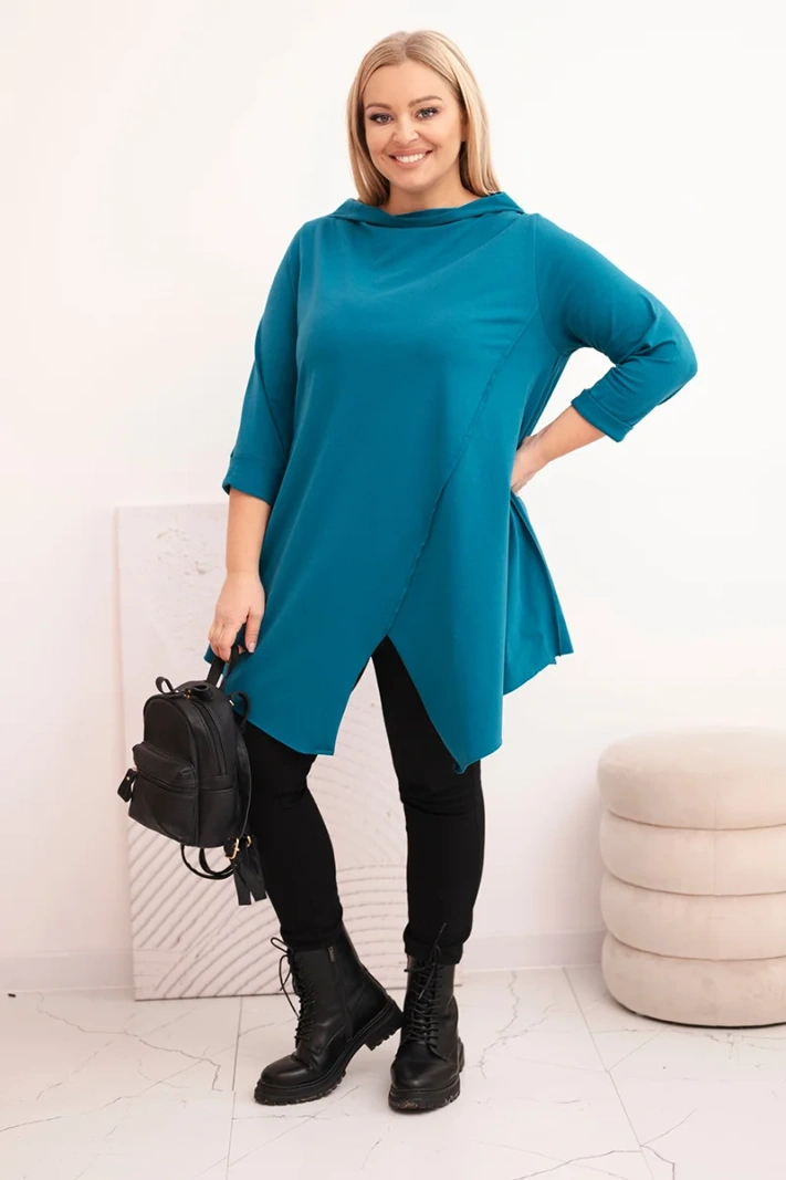 Moteriška medvilninė Plus Size asimetrinė bluzka su pasuktais rankovėmis jūros spalvos