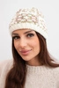 Women's winter hat with colorful yarn and thick ribbing K355 ecru+khaki+dark pink