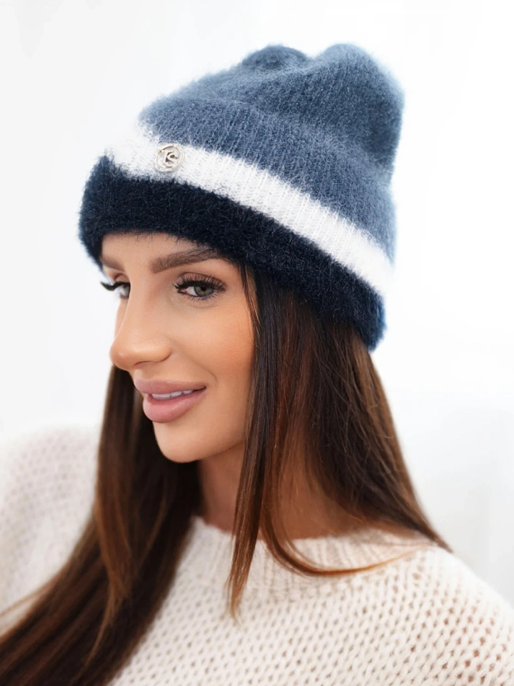 Damenmütze Beanie gerippt mit Verzierung jeans+marineblau