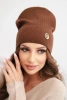 Women's ribbed cap made of modal and viscose with a decorative button light brown