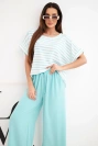 Women's viscose set with a striped blouse and wide pants with an elastic mint