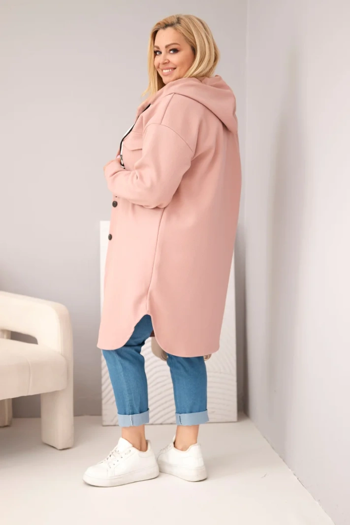 Women's plus-size hooded coat fastened with buttons dark pink