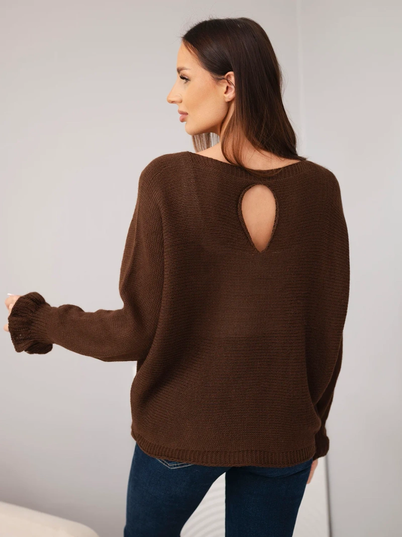 Damenpullover aus Mohair mit gerafften Ärmeln und Rückenausschnitt schokoladenbraun