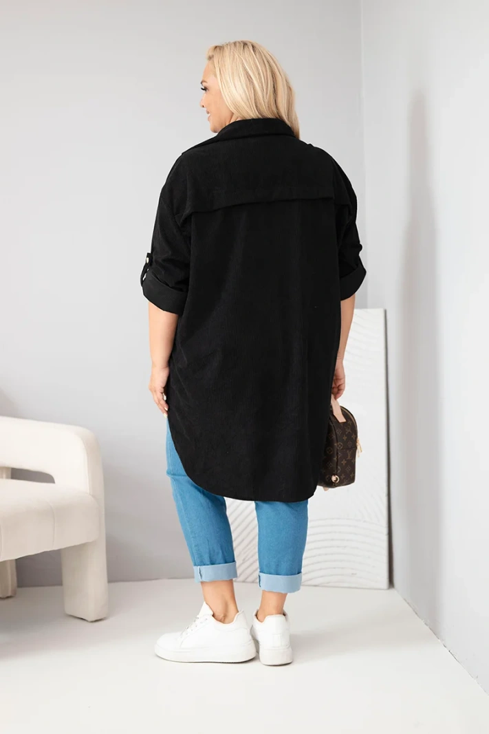 Dámská košile Plus Size z viskózy manšestrová s připínacími rukávy černá