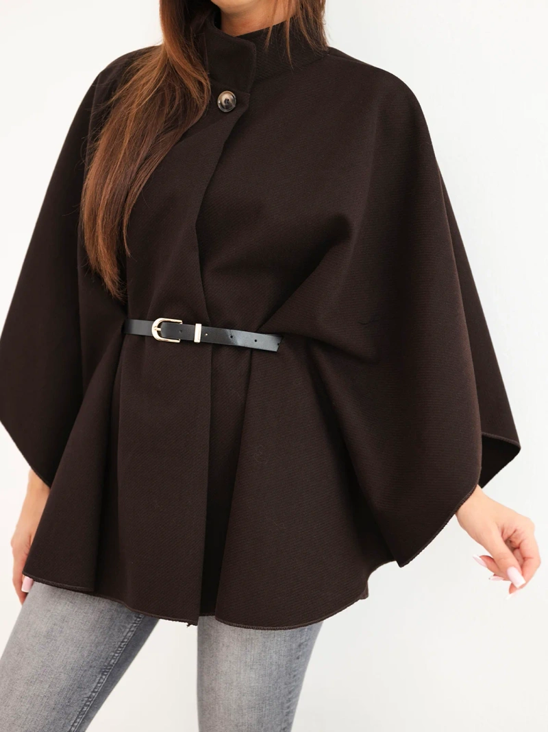 Women's poncho cape with belt and high collar brown