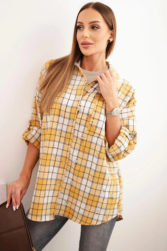 Women's cotton checkered shirt with a distressed effect mustard