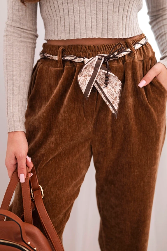 Women's viscose pants with a scarf belt camel