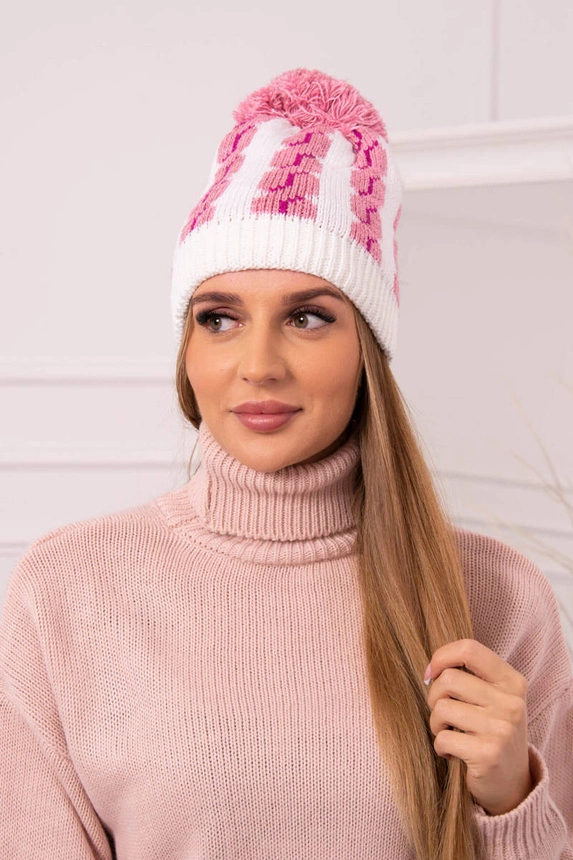 Dámská čepice s bambulí Rozalia K323 světle růžová+bílá