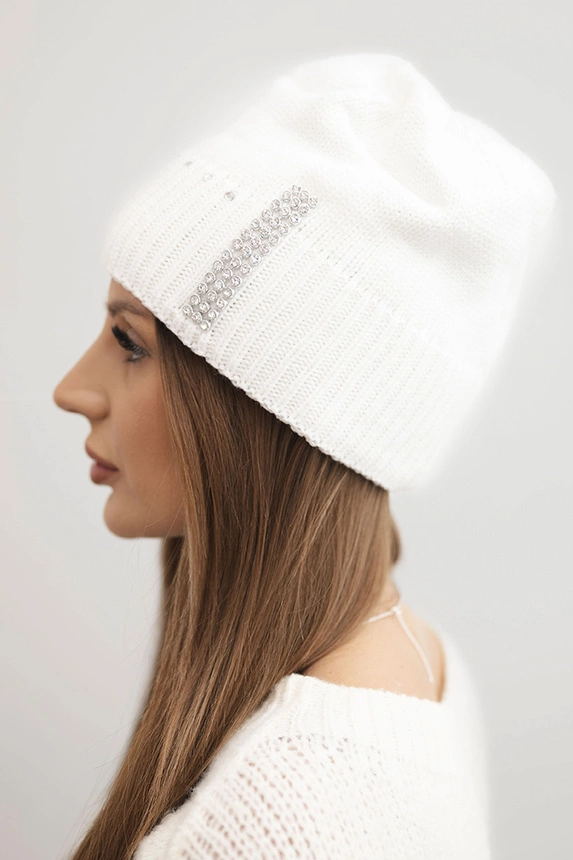 Women's winter wool hat with rhinestones K453 white