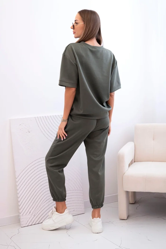 Damen-Viskose-Set mit kurzen Ärmeln und Hosen khaki