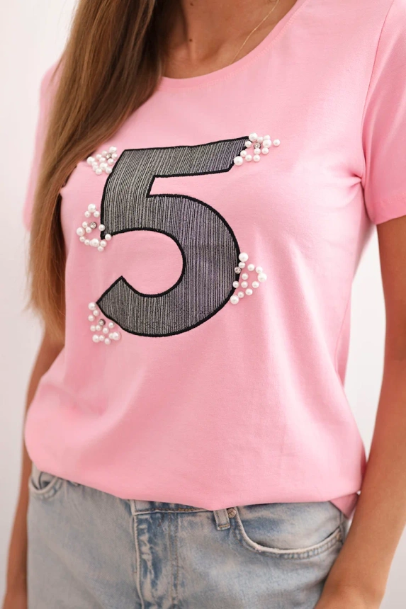 Women's cotton short-sleeve blouse with a patch and pearls light pink