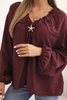 Women's blouse with viscose, pleated neckline and embellishment, burgundy