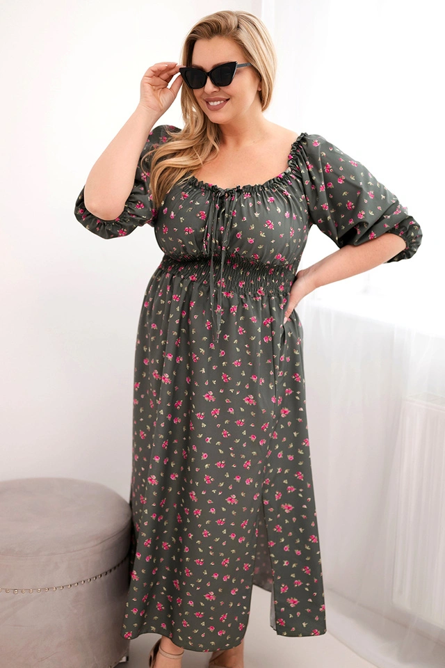 Sukienka damska Plus Size z dekoltem na troczki i elastyczną talią khaki