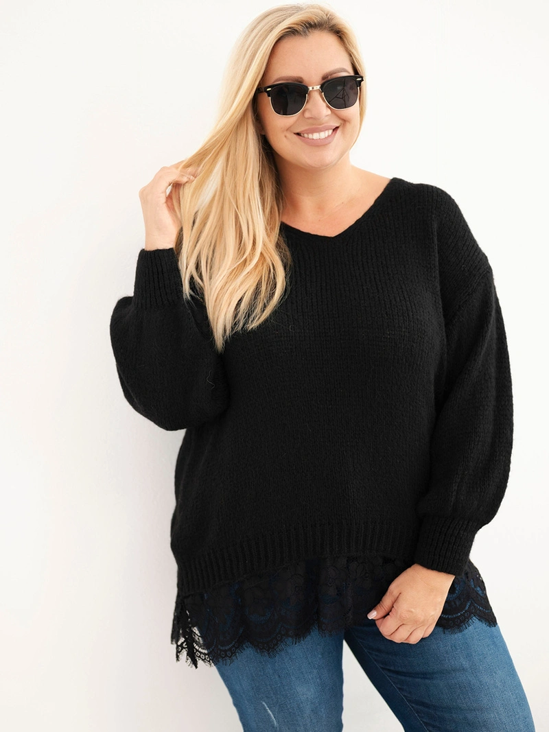 Plus Size women's sweater with lace hem black