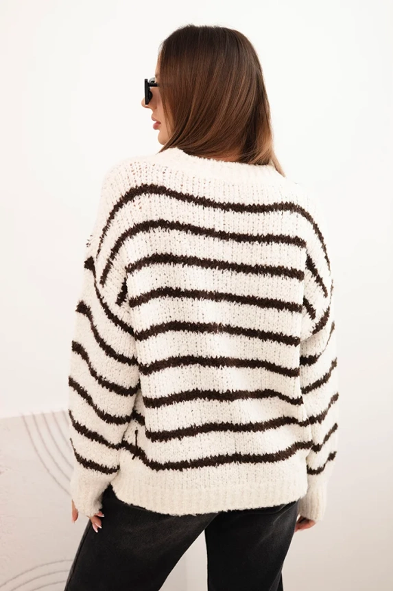 Women's loose-fitting striped sweater with wool ecru
