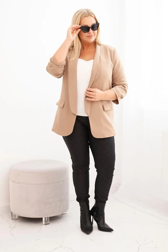 Moteriška švarkas Plus Size be užtrauktuko su pamušalu XL/2XL tamsiai smėlinė