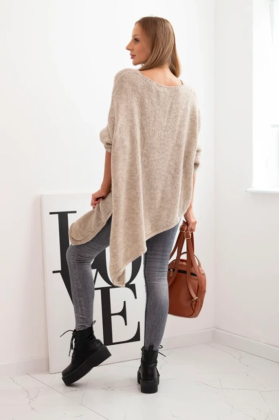 Asymmetrical Plus Size women's wool sweater with a V-neck dark beige