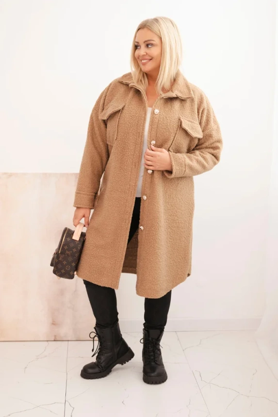 Płaszcz damski Plus Size z wełną zapinany na guziki z kieszeniami i kołnierzem camelowy