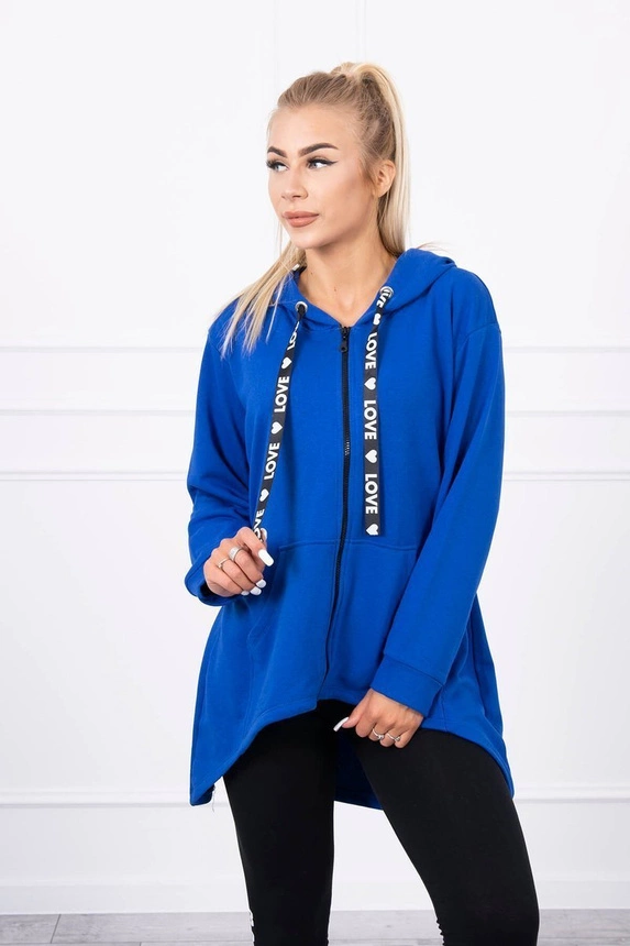 Bluza z dłuższym tyłem i kapturem chabrowa