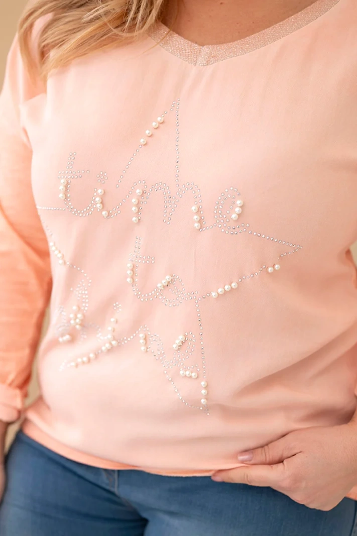 Damenbluse Plus Size mit Aufdruck und Perlen apricot