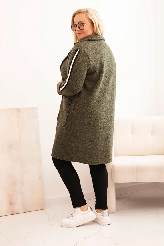 Dámsky kabát Plus Size z umelého baranka s vreckami khaki