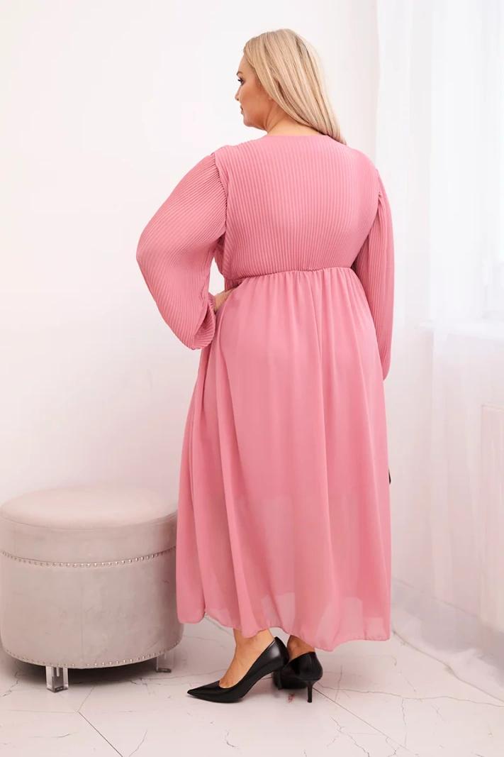 Damen Plisseekleid in Übergröße aus Viskose mit langen Ärmeln dunkelrosa