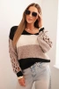 Damenpullover mit Streifen und Zöpfen an den Ärmeln aus Wolle schwarz + beige