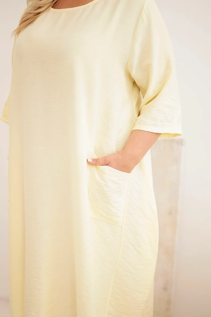 Women's plus-size viscose dress with pockets short sleeve yellow