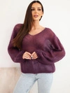 Sweter damski w 70% z kid moheru z dekoltem V o luźnym fasonie ciemny fioletowy