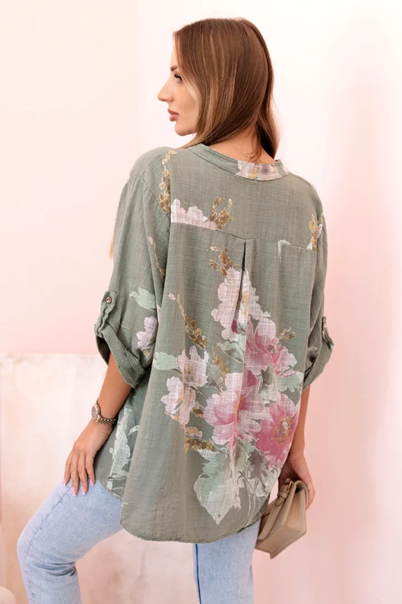 Damenbluse aus Baumwolle mit Blumenmuster und Knöpfen khaki