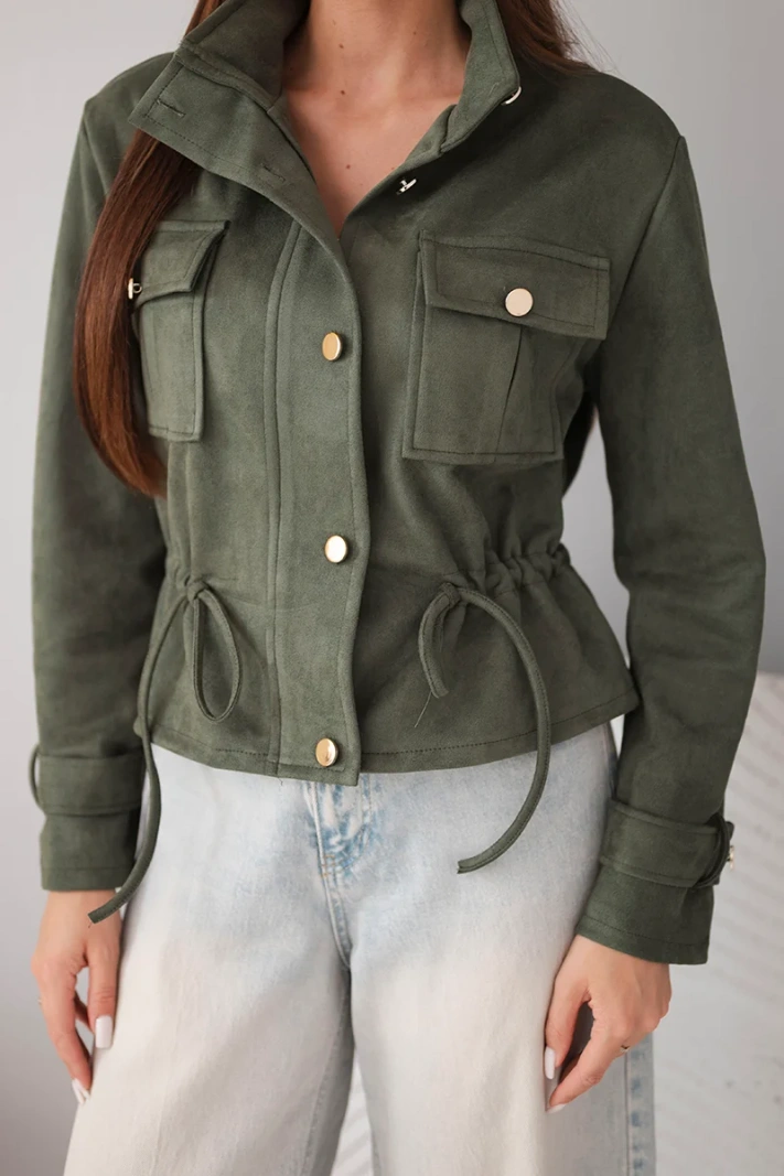 Women's suede jacket with pockets and a waist drawstring khaki