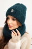 Women's set hat and fluffy winter snood with decorative emblem sea color