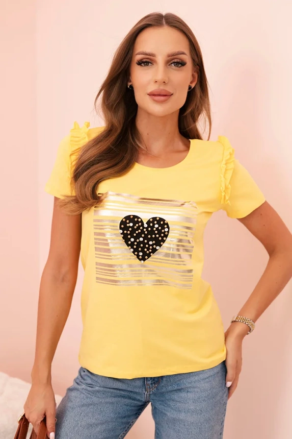 Women's cotton blouse with ruffle and heart made of rhinestones yellow