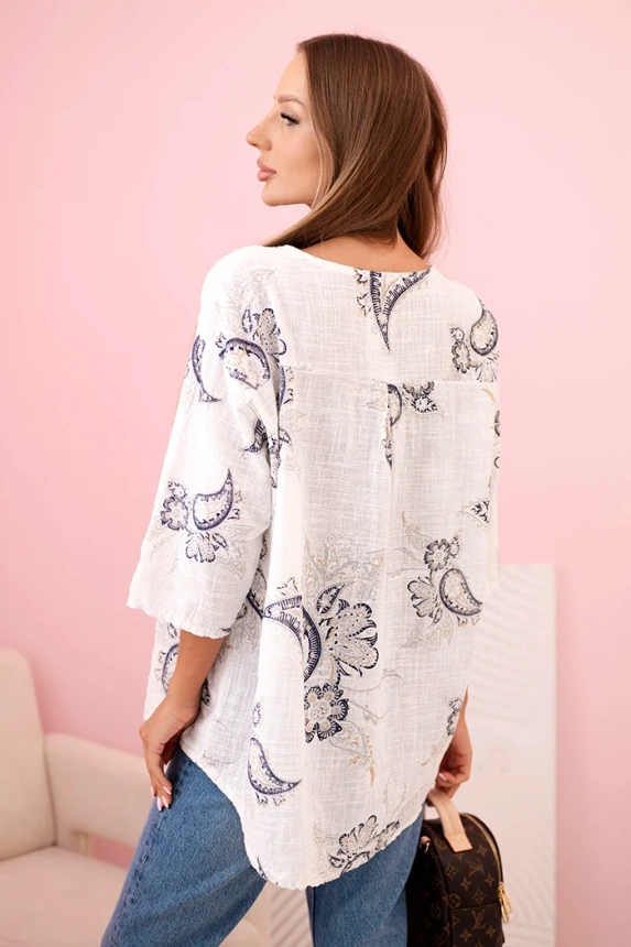 Moteriška medvilninė palaidinė su sukamu rankoviu ir paisley raštu ecru