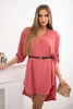 Dress with longer back and belt dark pink