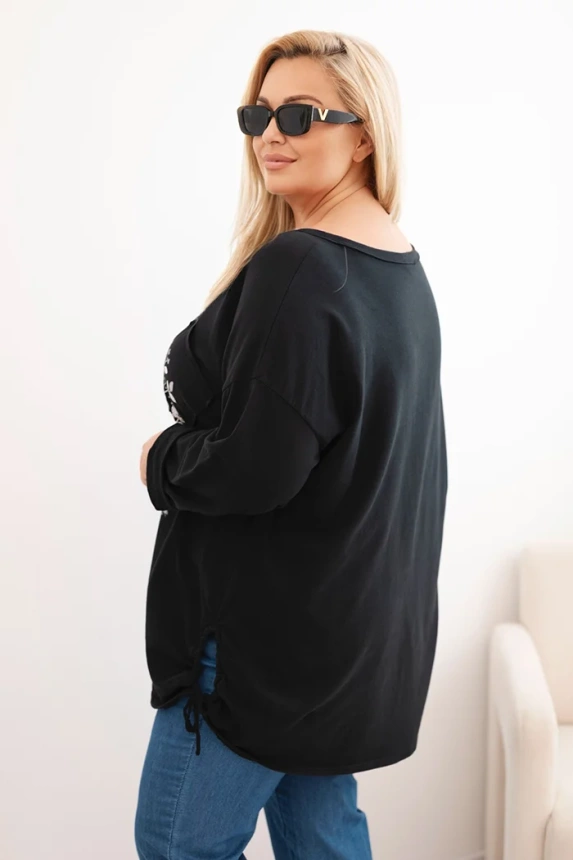 Dámska blúzka Plus Size bavlnená s potlačou stromu čierna
