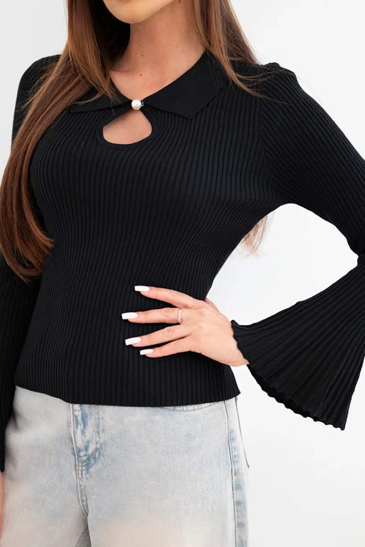 Women's ribbed viscose blouse with collar and wide sleeve black