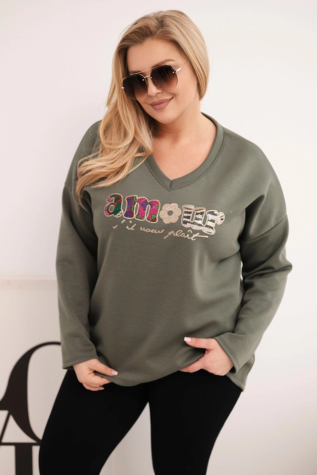Bluza damska Plus Size z napisem i dekoltem V khaki