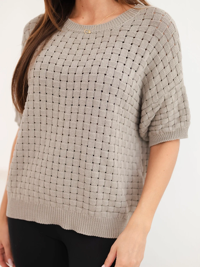 Women's cotton openwork sweater with short sleeves fango brown