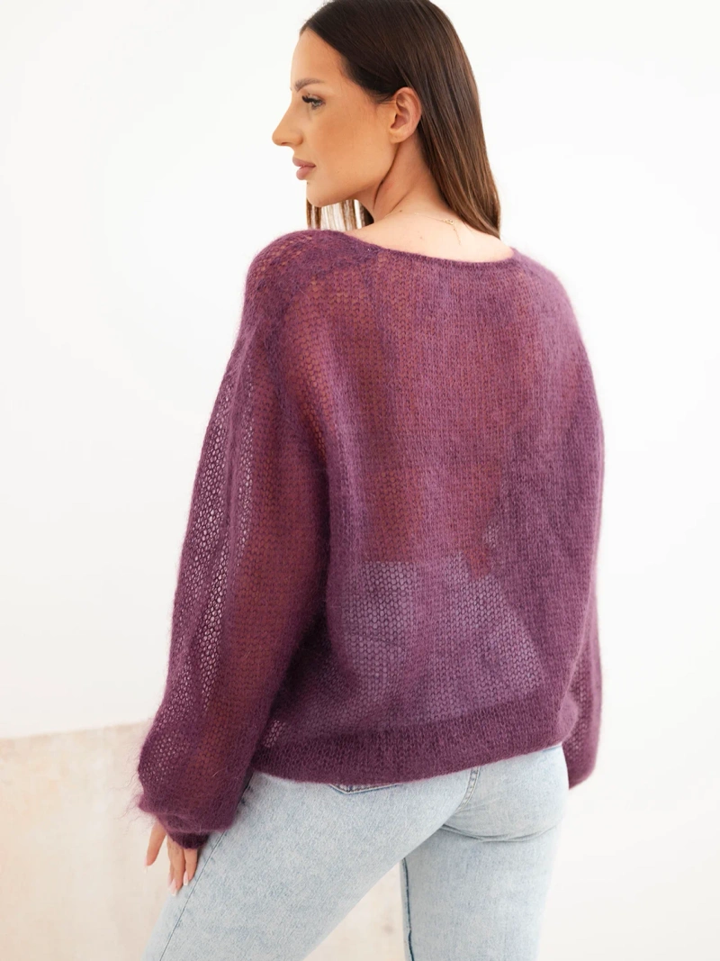 Women's sweater made of 70% kid mohair with a V-neck in a loose fit dark purple