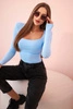 Women's long-sleeved bodysuit blouse with ruffles at the neckline blue