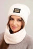 Women's fleece set hat and snood with decorative patch light beige