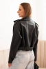 Women's short jacket made of eco leather with a belt and collar black