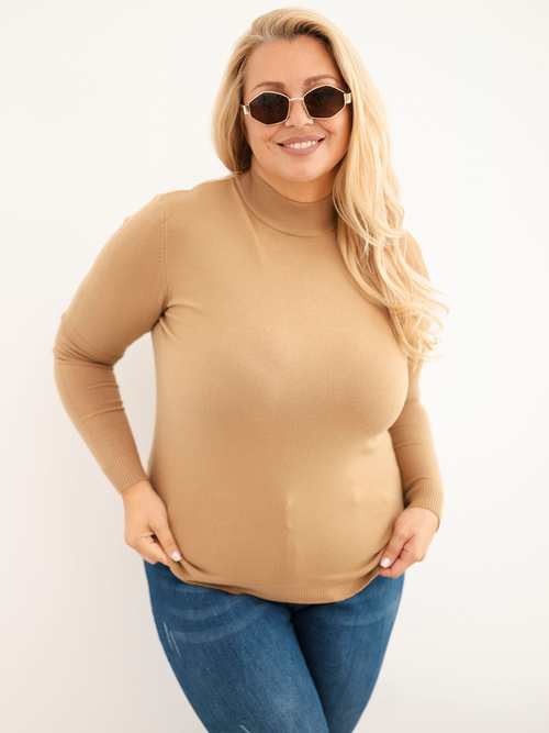Sweter damski Plus Size z wiskozy z golfem camelowy
