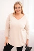 Women's cotton Plus Size blouse with a V-neck and rolled sleeves beige